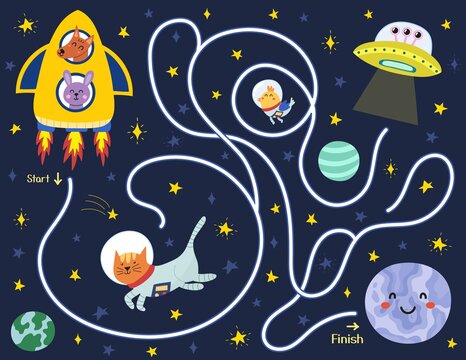 Help cute animals in a rocket find a way to the planet Mercury. Space maze puzzle for kids. Activity page with funny space character.  Mini game for school and preschool. Vector illustration