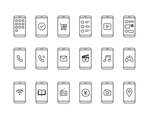 スマホとアプリのアイコンセット　スマートフォン　イラスト　アプリケーション　シンプル　線　モバイル