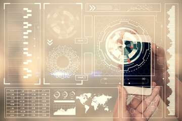 Double exposure of technology sketch hologram and woman holding and using a mobile device. © peshkova