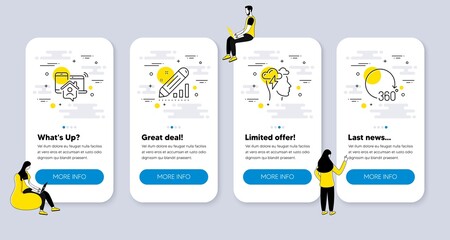 Vector Set of Business icons related to Edit statistics, Work home and Mindfulness stress icons. UI phone app screens with people. 360 degrees line symbols. Vector