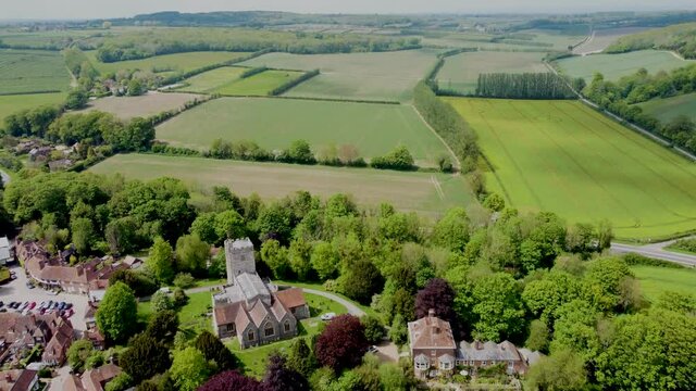 Flying towards the village church in Chilham, Kent