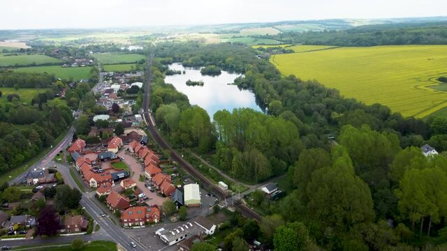 Aerial footage flying towards Chilham lakes in Kent
