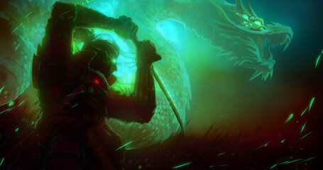 The black silhouette of a samurai in a fighting stance, behind him a huge spirit of the emerald dragon, They are allies bound by mystical magic standing in the night in the middle of a wheat field. 2d © warmtail