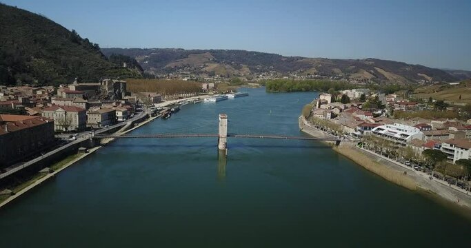 Aerial over the Rhone river on a sunny day, between Tournon and Tain L'Hermitage