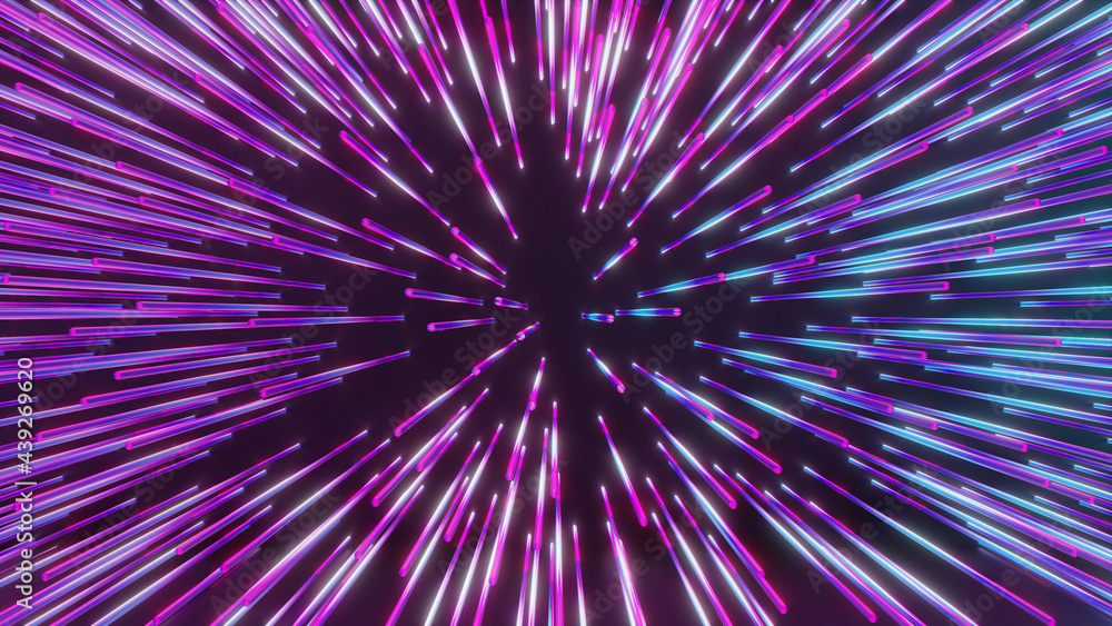 Poster 3d illustration rendering. zoom effect color neon light line shape in perspective view. futuristic a