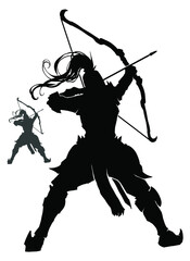 A black silhouette of a knight in armor with a tailed helmet swaying in the wind, he pulls the bowstring, aiming at a distant target . 2d illustration