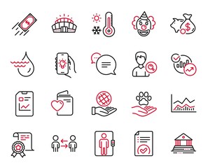 Vector Set of Business icons related to Approved document, Trade infochart and Fast payment icons. Clown, Statistics and Certificate signs. Elevator, Piggy bank and Teamwork business. Vector