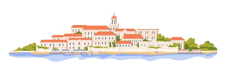 European architecture of southern coastal town. City buildings at sea coast. Cityscape panorama with houses and trees at seashore. Colored flat vector illustration isolated on white background
