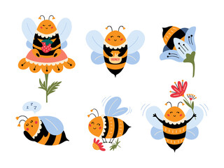 Flying Bee cartoon set Cute bumblebee character