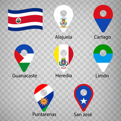 Seven  flags the Provinces of Costa Rica -  alphabetical order with name.  Set of 2d geolocation signs like flags Regions of Costa Rica.  Seven one 2d geolocation signs for your design. EPS10