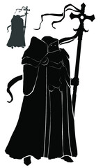A black silhouette of a knight in massive armor, wearing a hood, in his hand a huge cross with a flag, he stands in a robe. 2d illustration