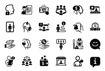 Fototapeta premium Vector Set of People icons related to Elevator, Loan percent and Online question icons. Meeting, Alarm clock and Court jury signs. Customer survey, Pay and Job interview. Employee benefits. Vector