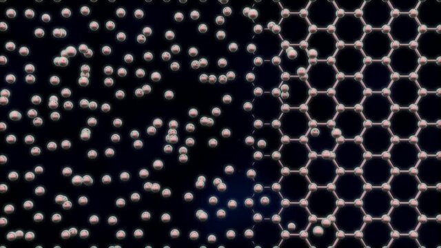 Loop 3d animation of an abstract technological background. Formation of a graphene, carbon lattice. 3d animation to illustrate chemical processes, graphene technologies of the future.