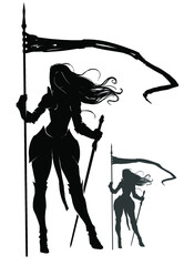 A black silhouette of a knight girl standing in a vulgar sexy pose, holding a flag in one hand and a sword in the other, her hair swaying in the wind. 2d illustration