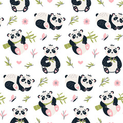 Panda Seamless pattern Cute baby bear vector background