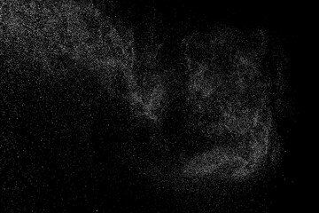 Distressed white grainy texture. Dust overlay textured. Grain noise particles. Snow effects pack. Rusted black background. Vector illustration, EPS 10.  