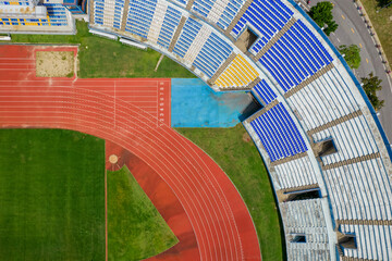 The drones viewpoint of the stadium, Empty Seat, and red running tracks