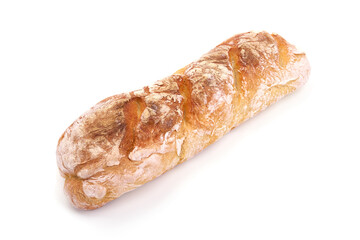 Freshly baked baguette, French bread, isolated on white background. High resolution image