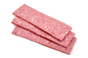 Salami sausage slices, isolated on white background. High resolution image