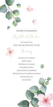 Watercolor vector hand painted wedding program card template.