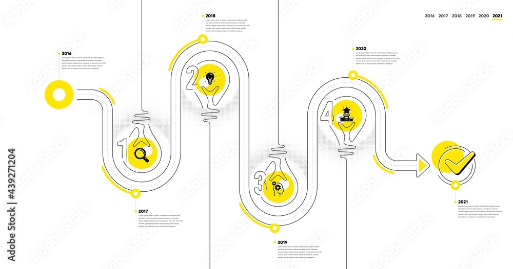 Poster business infographic timeline with 4 steps. lightbulb journey path infographics. workflow process di