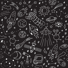 Space doodles seamless pattern. Cosmos vector background. Hand drawn illustration of rocket, astronaut, stars, planets. Astronomy wrapping paper, wallparer, fabric design. Childish drawings on black