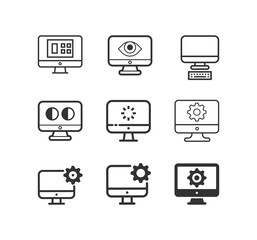 Computer, monitor screen line vector icon set