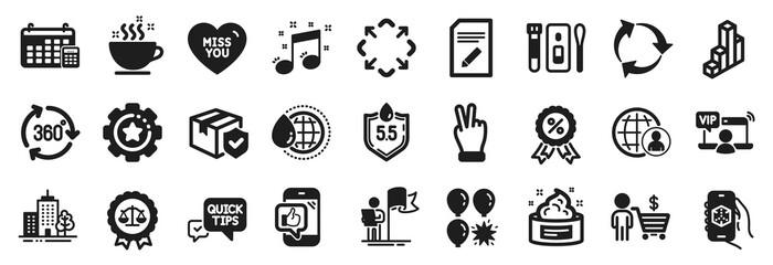 Set of simple icons, such as Ph neutral, Vip access, Covid test icons. Musical note, 3d app, Victory hand signs. Buyer, Maximize, Edit document. 360 degree, Justice scales, Discount medal. Vector