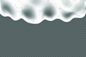 Realistic 3d liquid foam. Beer, soap or sea foam, water bubbles on transparent background. Vector froth texture, border or frame. Ocean wave or washing foamy waterwave. Empty template.