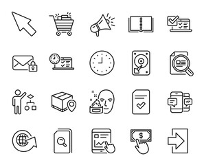 Vector set of Internet report, Hdd and Online test line icons set. World globe, Face cream and Shopping cart icons. Megaphone, Online survey and Payment click signs. Internet report web symbol. Vector