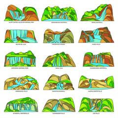 Fototapeta premium Waterfalls or falls natural sights, landscape scenery set. Vector icons of world waterfalls. Wonderful tourist sightseeing. Water power and splash.
