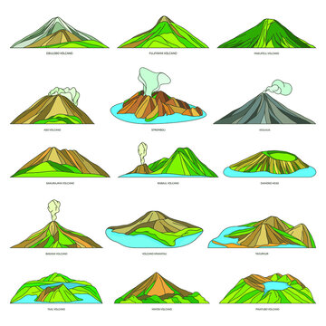 Volcano natural sights, landscape scenery set. Vector icons of active and extinguished world volcanoes. Dangerous tourist sightseeing. Fume and magma emissions.