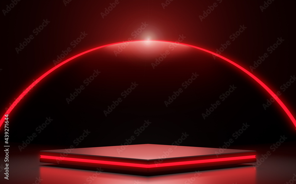 Poster red neon light square shape of product display with circle light background. futuristic and technolo