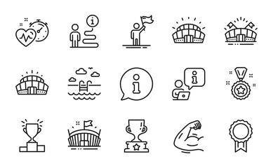Sports icons set. Included icon as Strong arm, Arena, Sports stadium signs. Reward, Swimming pool, Cardio training symbols. Arena stadium, Leadership, Winner reward. Winner cup line icons. Vector