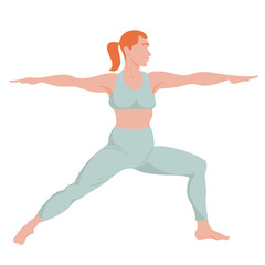 Image of a woman in a dynamic yoga pose. Home yoga workouts. Correct performance of the asana. Isolated female figure on a white background.