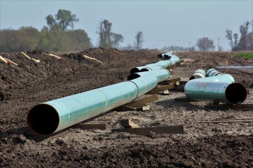 A Natural Gas pipe line in a farm field with dirt , blue sky and tree's west of Hutchinson Kansas...