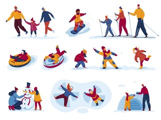 Fototapeta na wymiar Winter activity outdoor set, vector illustration, people flat man woman character skiing, skating, ride snowboard at snow season, isolated on white.