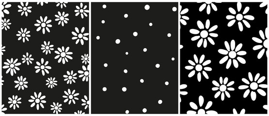 Bundle of ditsy daisy and dots seamless repeat pattern. Random placed set of black and white vector flowers and circles all over surface print on black background.