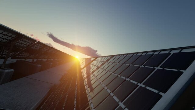 Sun Slowly Rising Through the Solar Panels 3D Rendering
