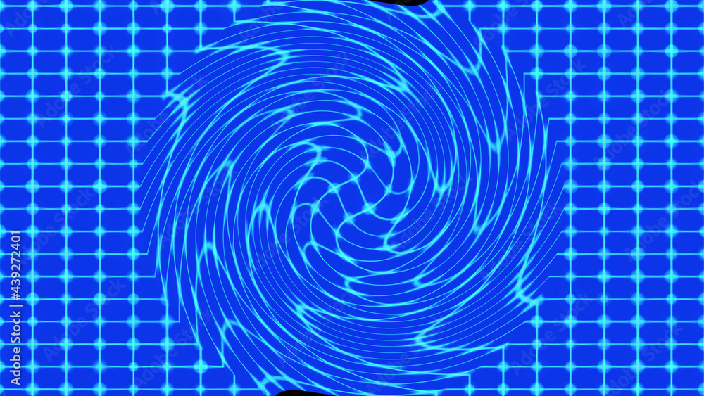 Poster an abstract grid of green rectangles on a blue background in the center of a swirling spider web. a 
