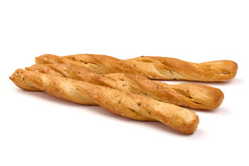 Crunchy bread sticks, cheese sticks, isolated on white background. High resolution image.