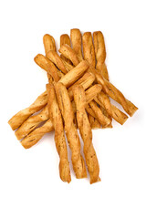 Crunchy bread sticks, cheese sticks, isolated on white background. High resolution image.
