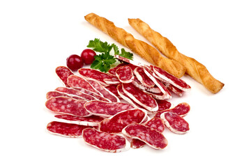 Traditional Cured sausage with mold, isolated on white background. High resolution image.