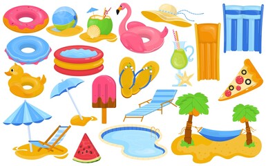 Summer pool, isolated on white collection, vector illustration. Rubber ring, mattress, lounger, hammock element set for swim. Flat hat, umbrella