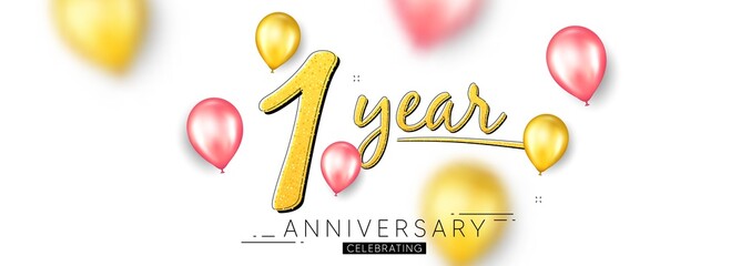 1 year anniversary. Happy birthday balloons background. One year celebration icon. Anniversary celebration banner. Jubilee party balloons background. Wedding or Birthday card. Vector
