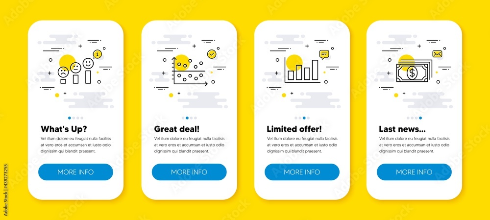 Poster vector set of customer satisfaction, report diagram and dot plot line icons set. ui phone app screen
