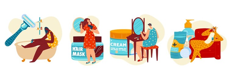 Woman body beauty care set, vector illustration, girl person character shave legs, blow dry hair with mask, hands skin treatment, manicure with cream.