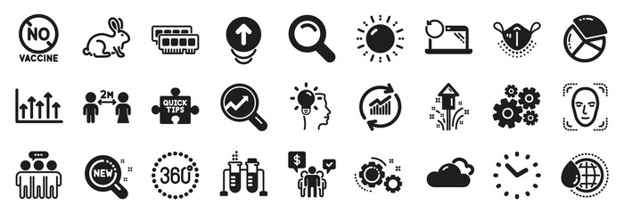 Set of Science icons, such as Ram, Search, Employees group icons. Medical mask, Idea, No vaccine signs. Cogwheel, World water, Sun energy. 360 degrees, Animal tested, Teamwork. Update data. Vector