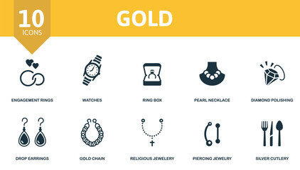 Gold icon set. Contains editable icons jewelery theme such as engagement rings, ring box, diamond polishing and more.