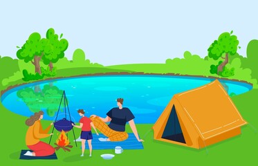 Fototapeta premium Summer family at nature, travel recreation near lake, vector illustration, flat man woman character at holiday vacation, mother father son at camp.